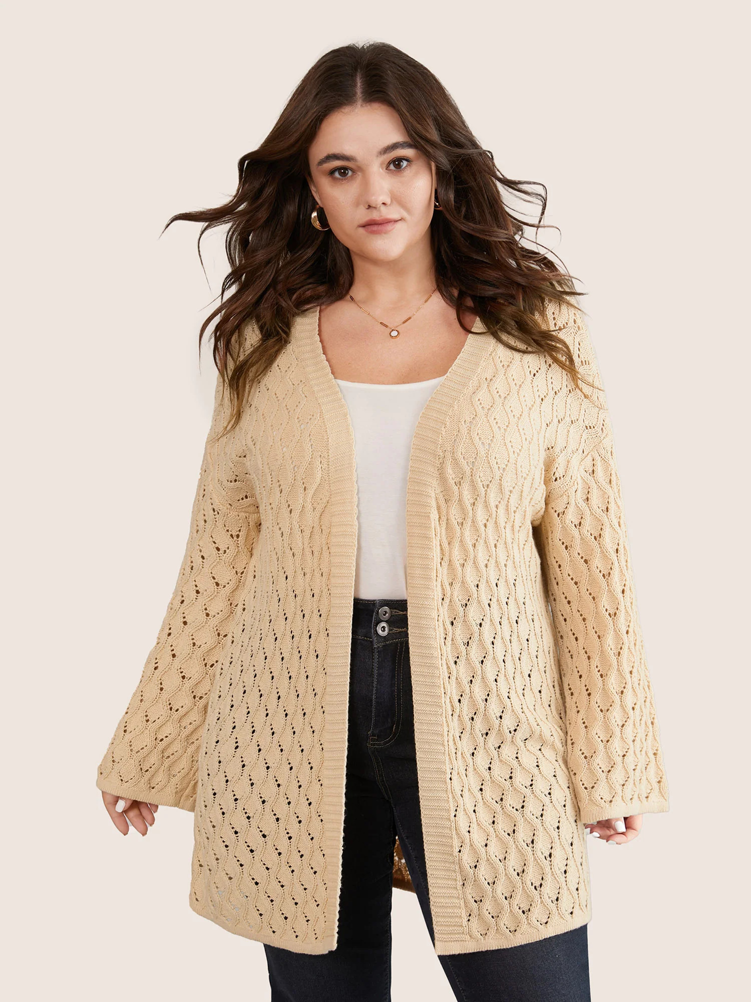 Plain Hollow Out Drop Shoulder Cable Knit Cardigan | Bloomchic