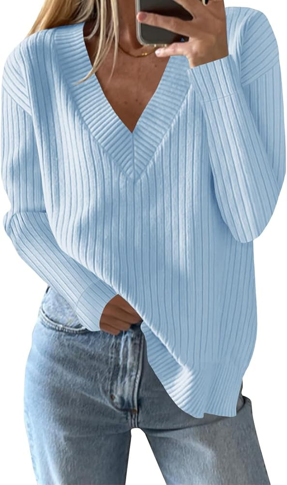 Saodimallsu Womens V Neck Sweater 2026 Trendy Fall Oversized Pullover Top | Amazon (US)