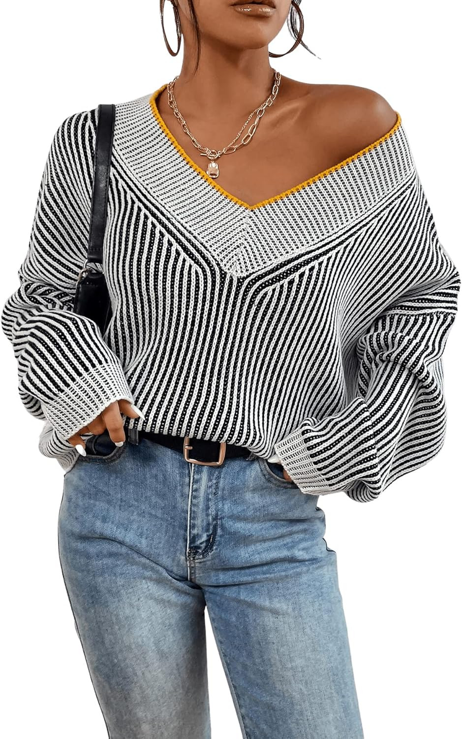 SweatyRocks Women's Striped V Neck Long Sleeve Sweater Drop Shoulder Loose Fit Pullover Knitwear ... | Amazon (US)