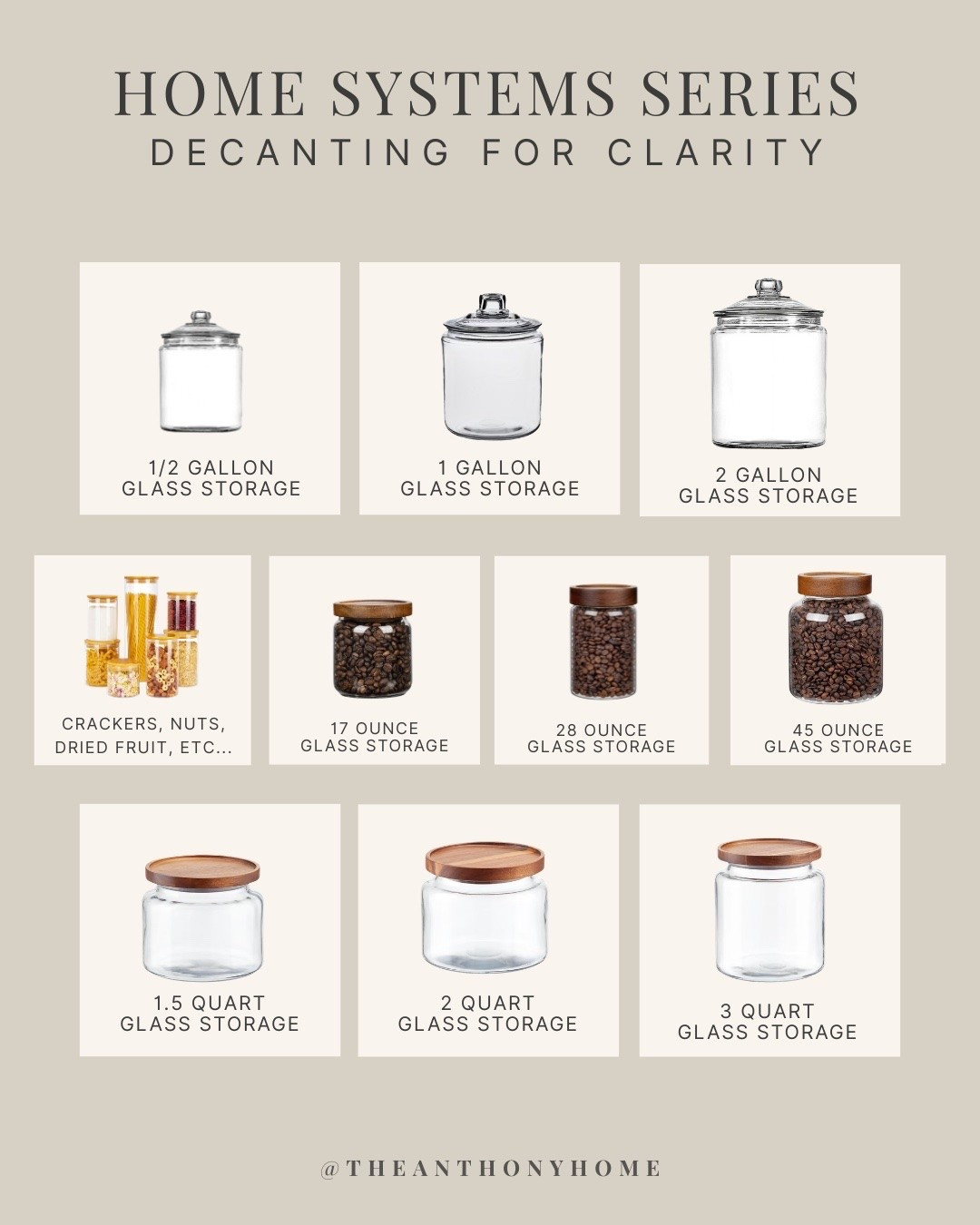 Clear pantry storage is one of the simplest ways to make your kitchen work better.

Being able to see what you have, how much is left, and what needs to go on the grocery list makes cooking and restocking so much easier. I gathered the glass containers I use for everything from baking staples and pasta to coffee, nuts, crackers, and snacks.

When choosing a size, check the package you normally buy and choose a container with a little extra room so the entire package fits without overflow.

Shop the glass pantry storage and label options here.

#LTKfoodie #LTKHome