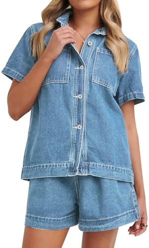 Kedera Summer Denim Set for Women 2 piece Casual Short Sleeve Boxy Shirt Tops and Shorts Pants Lo... | Amazon (US)