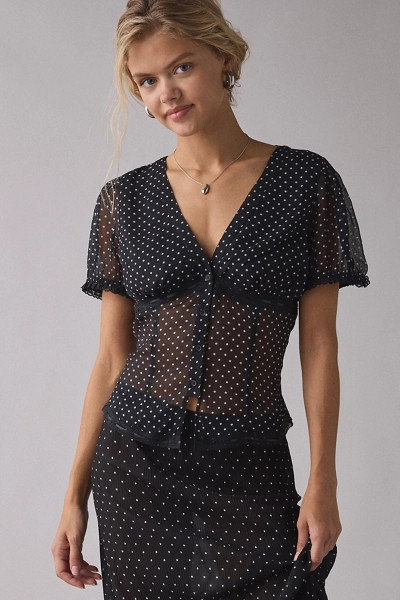 UO Mitchelle Semi-Sheer Polka Dot Chiffon Puff Sleeve Blouse | Urban Outfitters (US and RoW)