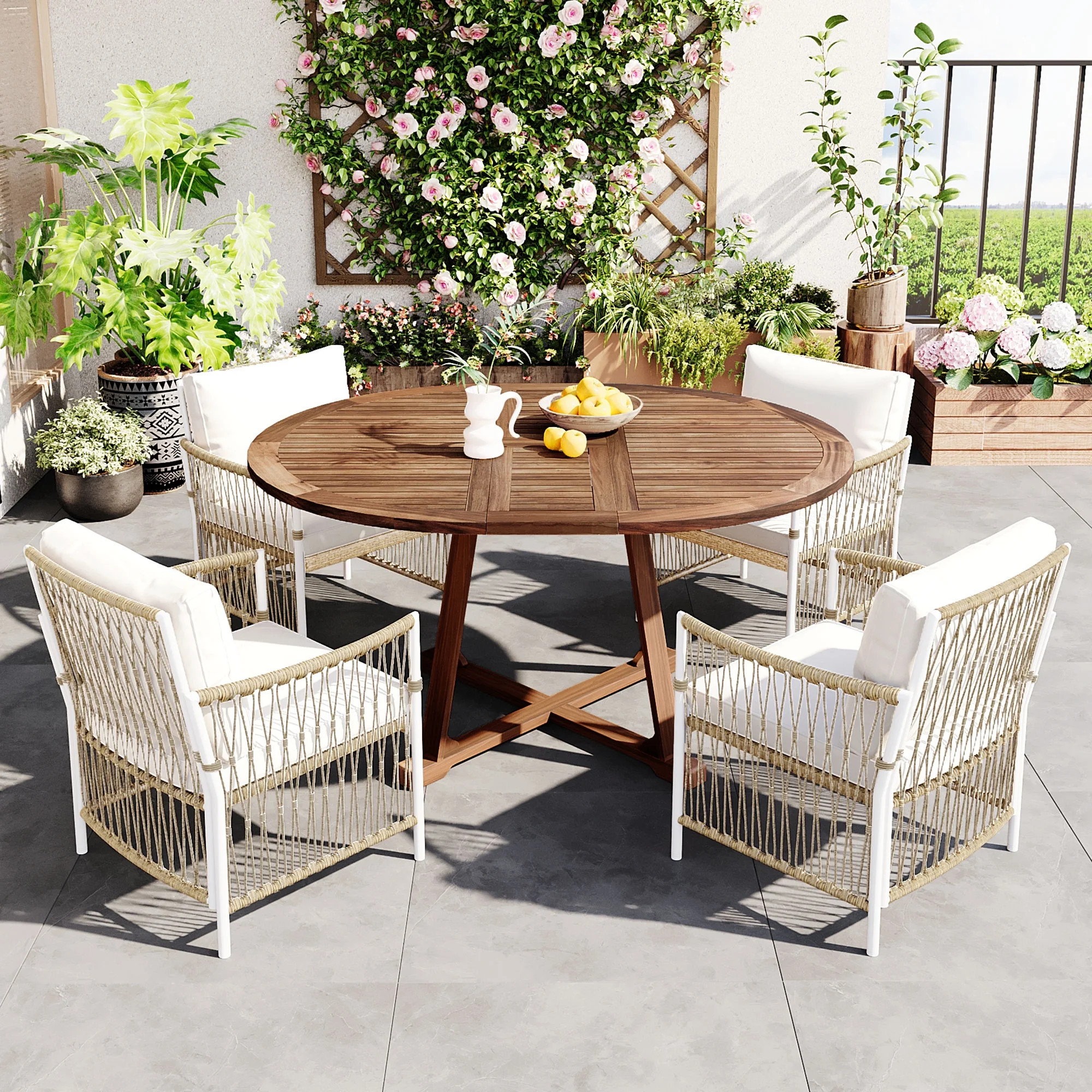 Harper & Bright Designs Patio Extendable Dining Table Set for 4, Outdoor Dining Furniture with Foldable Leaf Table and 4 Rattan Arm Chairs for Backyard Garden, Natural - Walmart.com | Walmart (US)