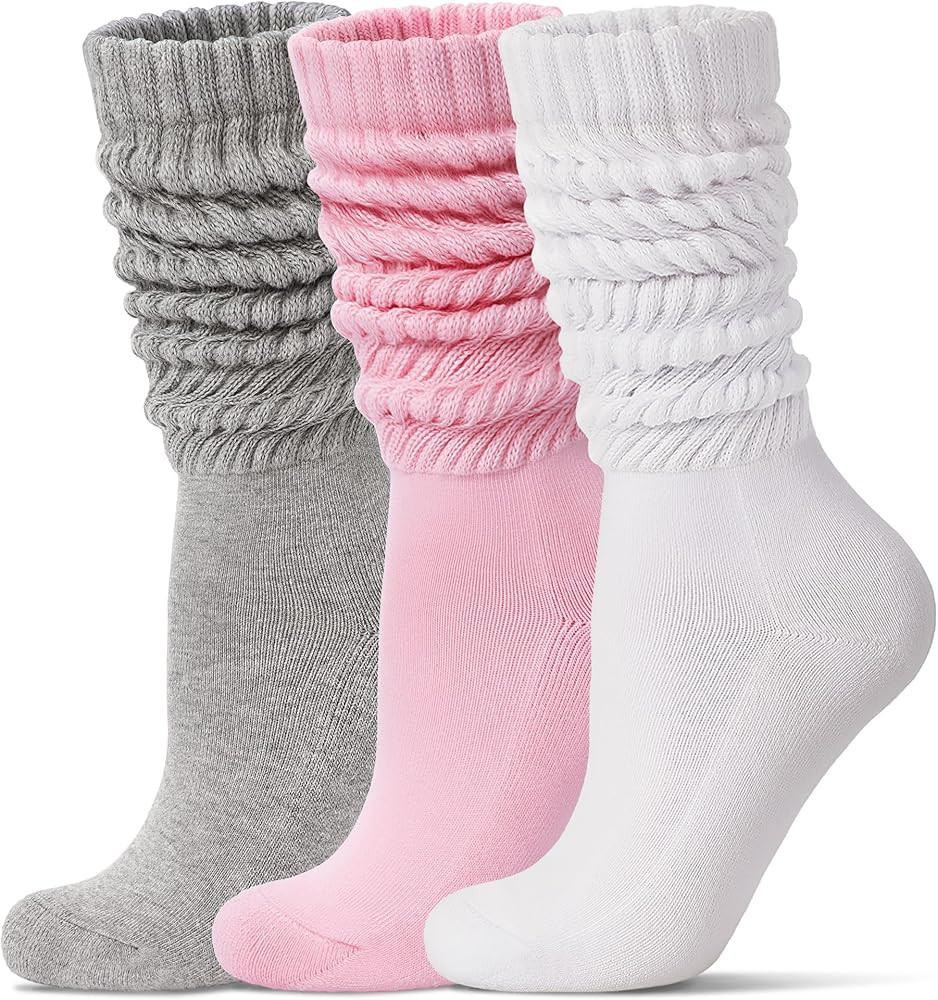 Women's Slouch Socks Long Boot Scrunch Sock Soft Cotton Knit Cozy Socks 3 Pairs | Amazon (US)