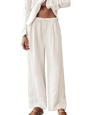 Ainangua Women Linen Palazzo Pants Casual Elasticated Drawstring Waist Wide Leg Trousers Trendy B... | Amazon (US)