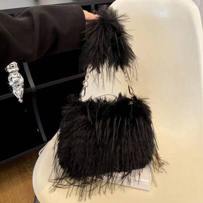 1pc Black Fluffy Mini Square Handbag, Fashionable Furry Tote & Crossbody Bag For Women, Everyday Use | SHEIN