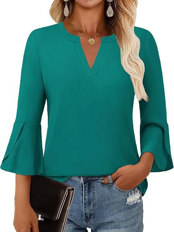Women's Blouses Ruffle 3/4 Sleeve Dressy Top V Neck Casual Tunic Blouses Business Shirts S-XXL | Amazon (US)