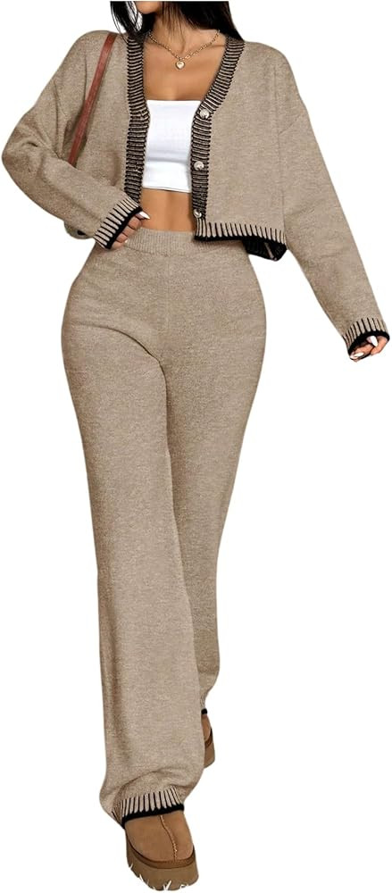 WDIRARA Women's Contrast Trim 2 Piece Outfit Button Down Crop Cardigan Wide Leg Pants Set Knit Ou... | Amazon (US)