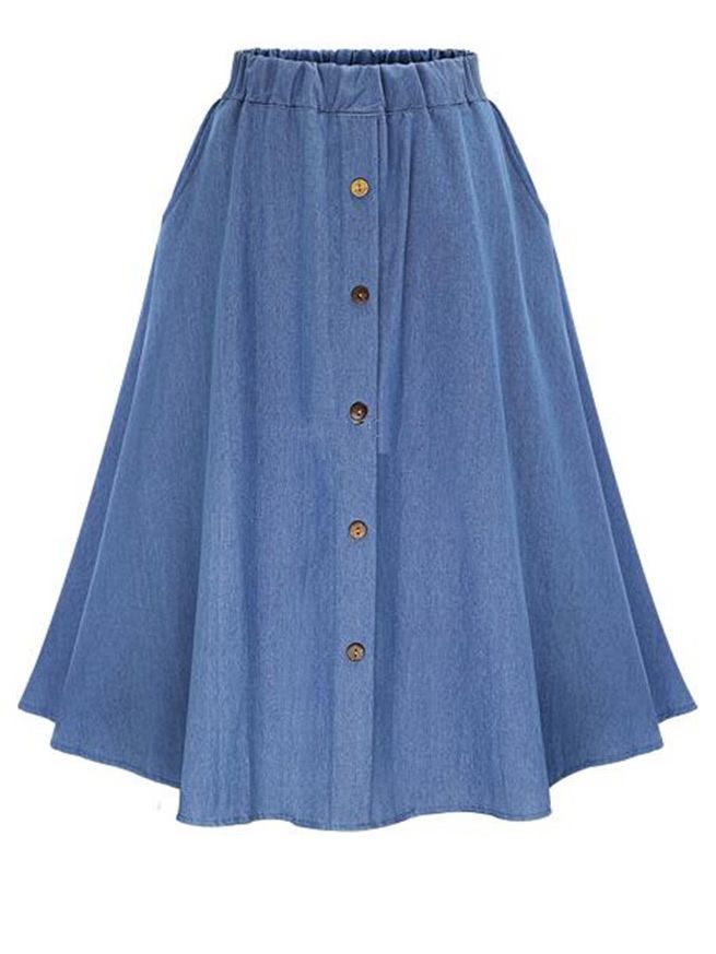 Elastic Waist Denim Tea Skirt With Buttons | SHEIN