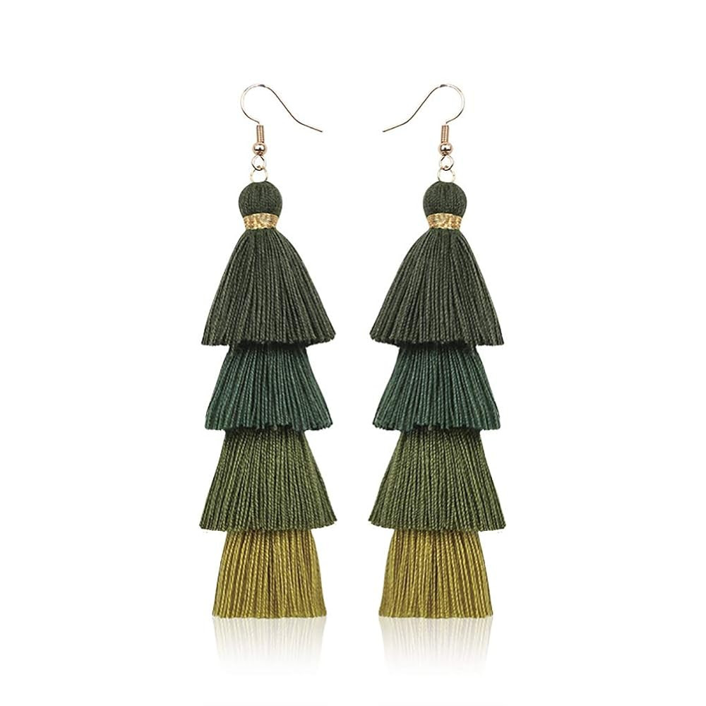 Bohemian Layered Long Pom Pom Tassel Earrings Drop Dangle Tiered Ombre Fringe for Women | Amazon (US)