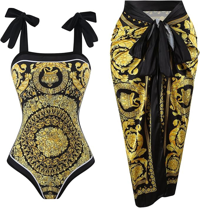 One Piece Bathing Suit for Women with Beach Cover up Wrap Skirt Swimsuit Sarong Retro Floral Prin... | Amazon (US)