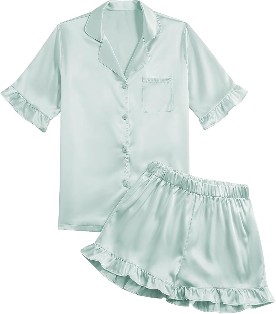 Umenlele Women's 2 Piece Satin Pajama Set Cute Ruffle Short Sleeve Button Down Shirt with Shorts ... | Amazon (US)