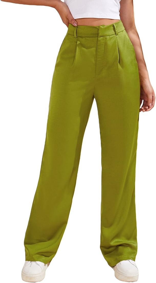 MakeMeChic Women's Satin Silk High Waisted Wide Leg Pants with Pockets | Amazon (US)