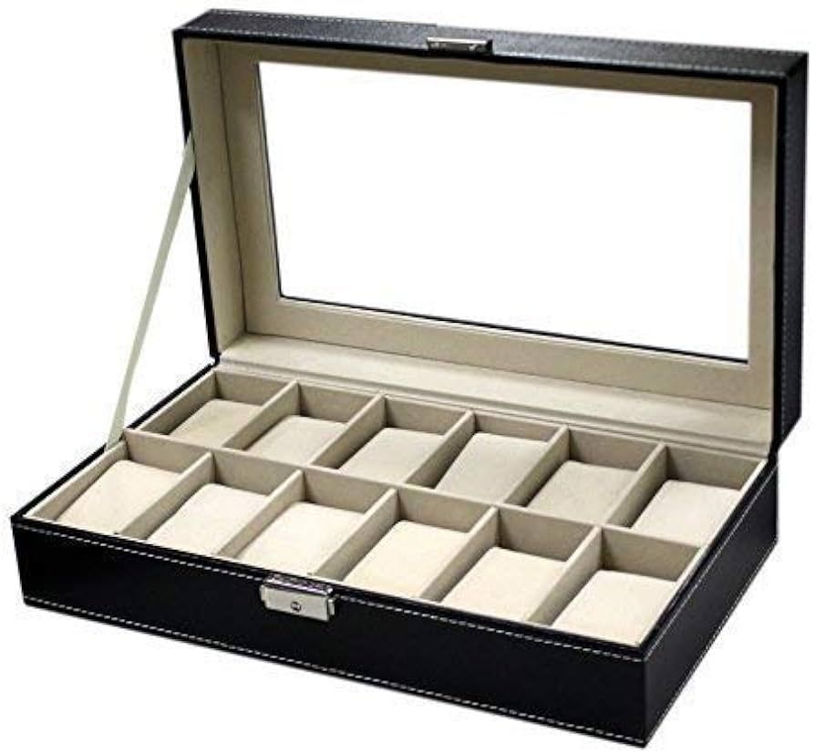 Sodynee 12 Mens Large Watch Box Black Pu Leather Display Glass Top Jewelry Case Organizer Box | Amazon (US)