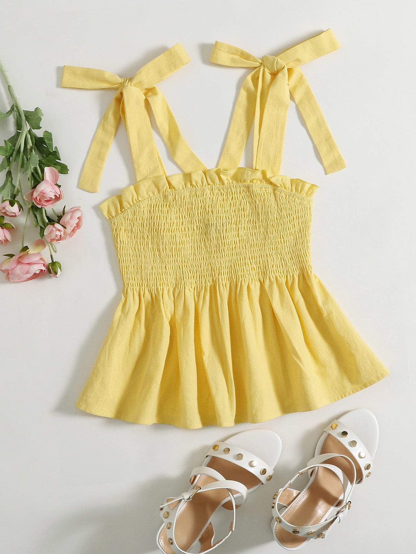 SHEIN Ruffle Hem Shirred Knotted Cami Top | SHEIN