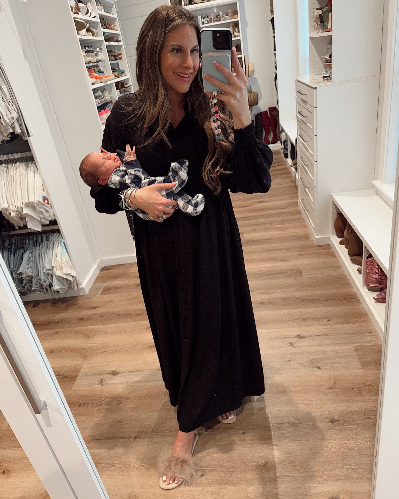 In a medium pleated button down maxi and fuzzy slippers - all fits tts. Baby boy onesie linked comes in a 2 pack. 

#LTKBaby #LTKFindsUnder50 #LTKStyleTip