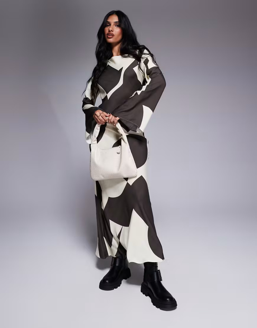ASOS DESIGN biased slash neck maxi dress in brown abstract print-Multi | ASOS (Global)