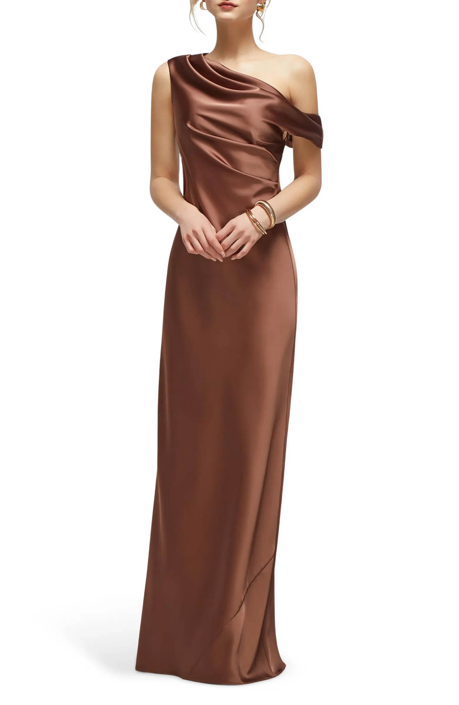 Draped One-Shoulder Satin Charmeuse Gown | Nordstrom