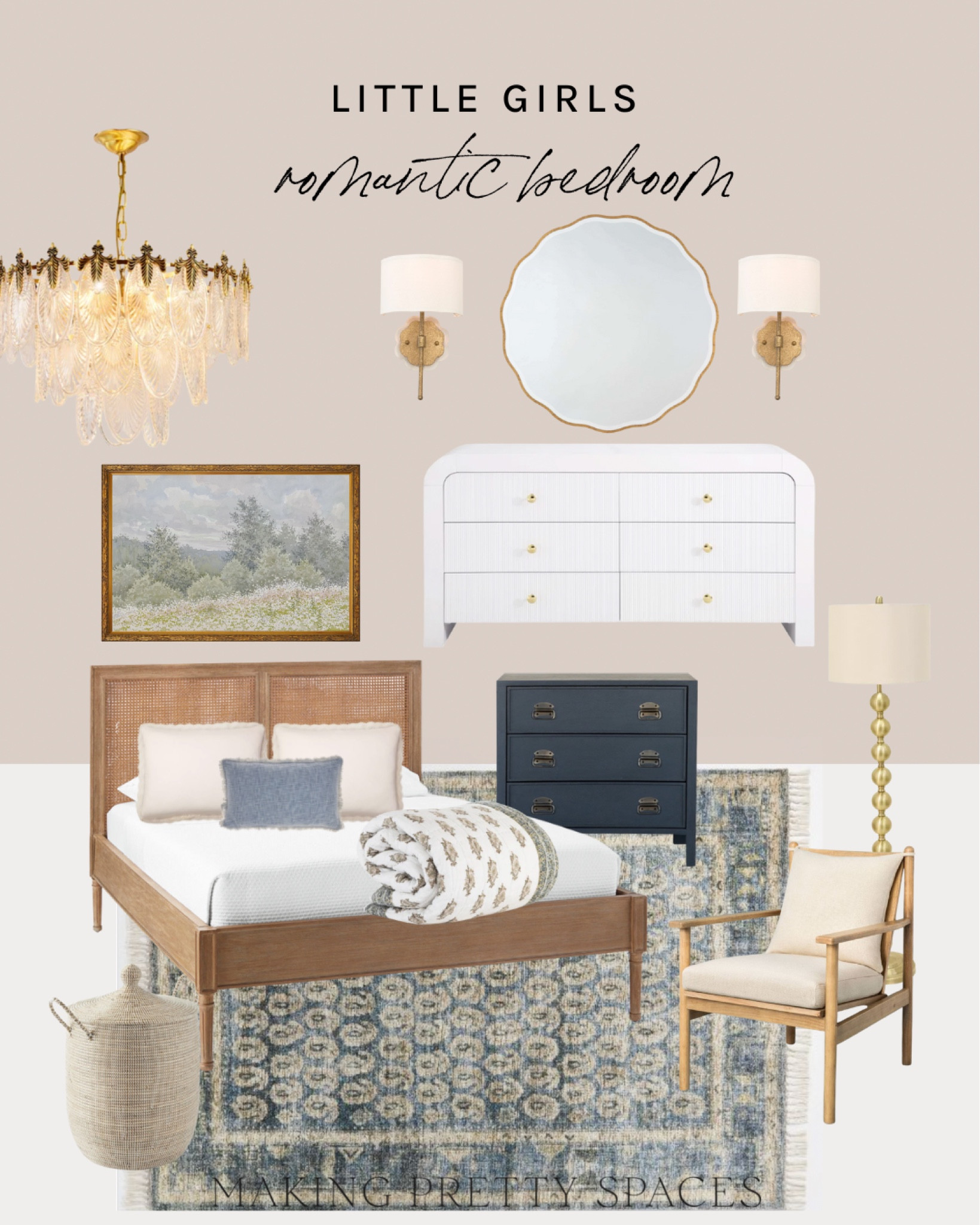 Shop this little girls bedroom! 
Area rug, chandelier, mirror, sconces, chair, lamp, cane bed, artwork, dresser, basket

#LTKfamily #LTKkids #LTKhome