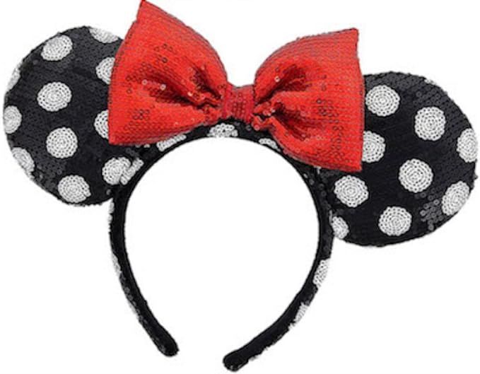 Disney Parks Sequin Minnie Mouse Ears Headband Black White Polka Dot Red Bow | Amazon (US)