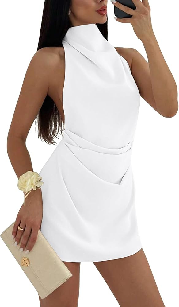 BEAGIMEG Women's Sleeveless Backless Halter Turtleneck Ruched Cocktail Club Party Mini Dress | Amazon (US)
