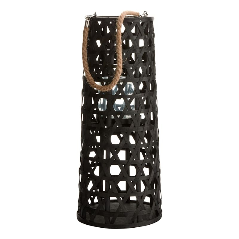 Black Wood Cutout Lantern with Rope Handle, 20" | At Home