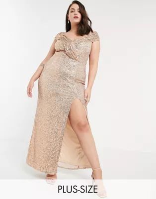 Jaded Rose Plus exclusive sequin maxi dress with drape shoulder in gold | ASOS (Global)