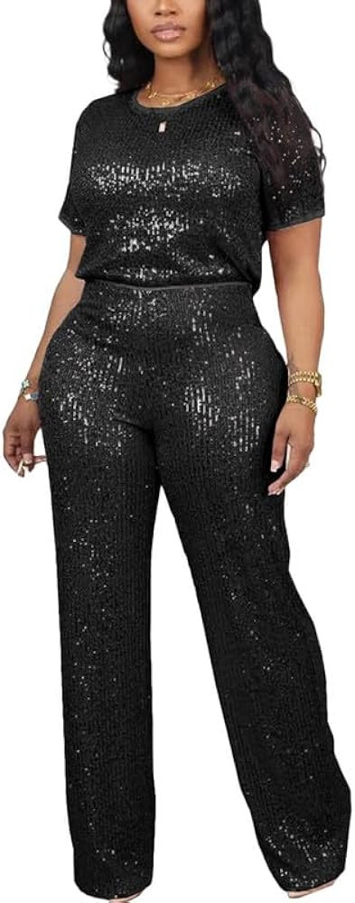 LROSEY Womens Sequin Two Piece Set Glitter T Shirts Top Sparkly Pants Suit for Birthday Party Dis... | Amazon (US)
