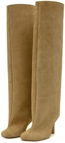 Knee High Boots for Women Faux Suede Wide Calf Square Toe Tall Stiletto Kitten High Heels Thigh L... | Amazon (US)