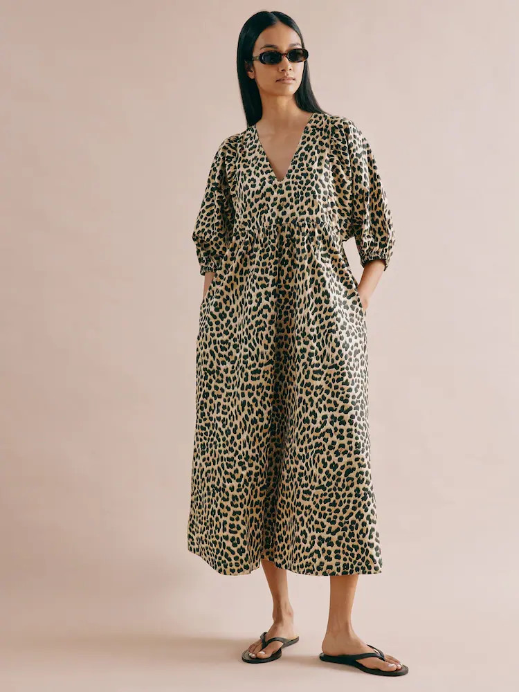 Albaray Brown Animal V-Neck 100% Cotton Midi Dress | Next EU