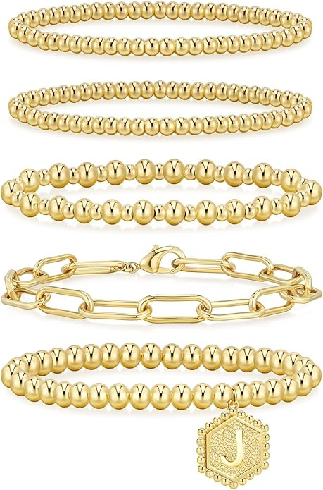 adoyi Gold Silver Bracelets for Women Beaded Bracelet 14K Gold Plated Bracelet Stack Initial Lett... | Amazon (US)