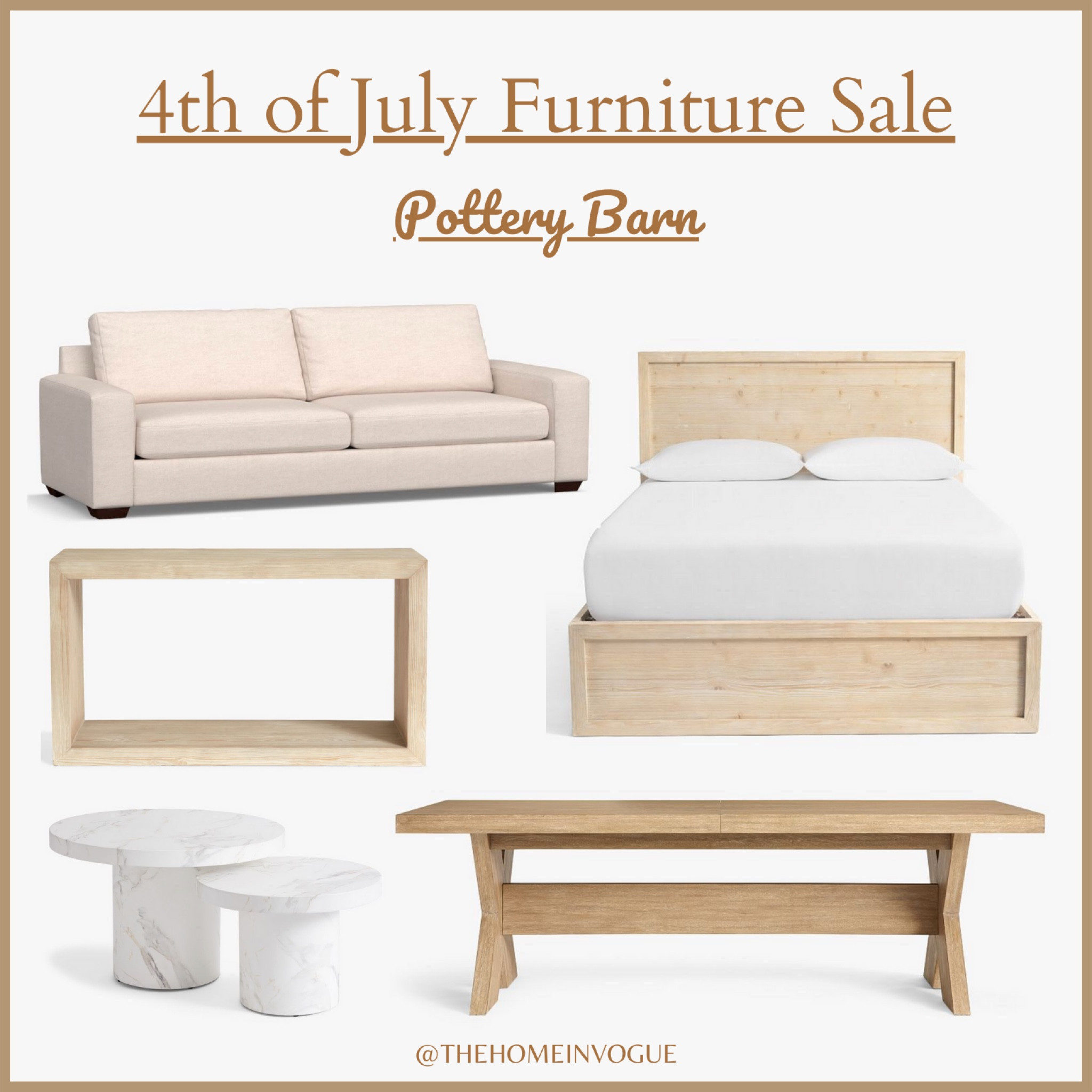 Pottery Barn sale, 4th of July furniture sale, Folsom platform bed, modern farmhouse extending dining table, reclaimed wood console table, Big Sur square arm upholstered sofa, Folsom console table, round nesting coffee tables, concrete table, wood platform bed, white storage cabinet 