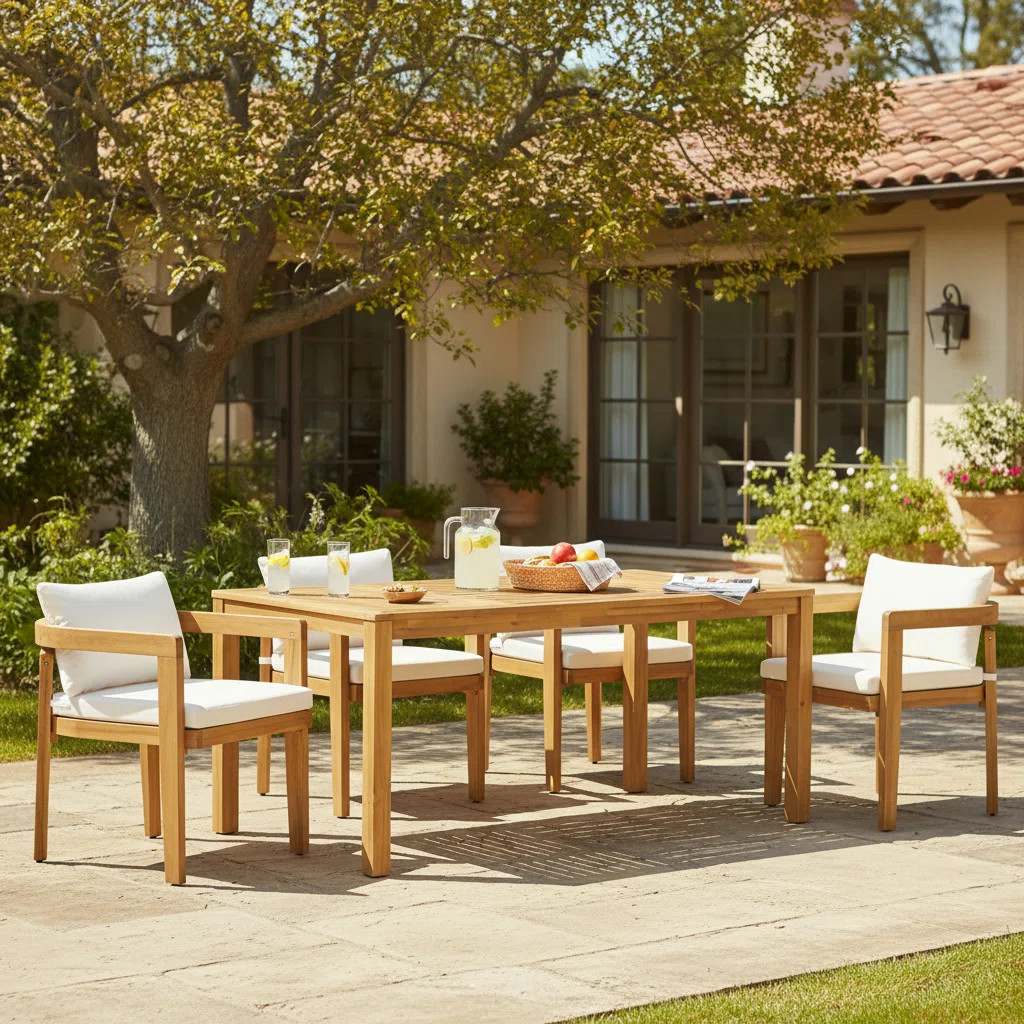 Staley Patio 5-Piece Acacia Wood Dining Set With Cushions & Umbrella Hole | Wayfair North America