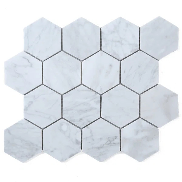 White Carrara 3" x 3" Natural Stone Honeycomb Marble Look Mosaic Wall Tile | Wayfair North America