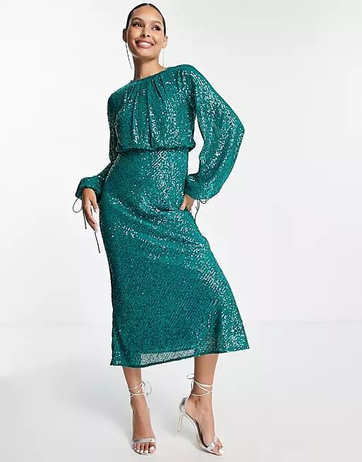 ASOS DESIGN bias embellished midi dress with blouson sleeve and tie detail in green | ASOS (Global)