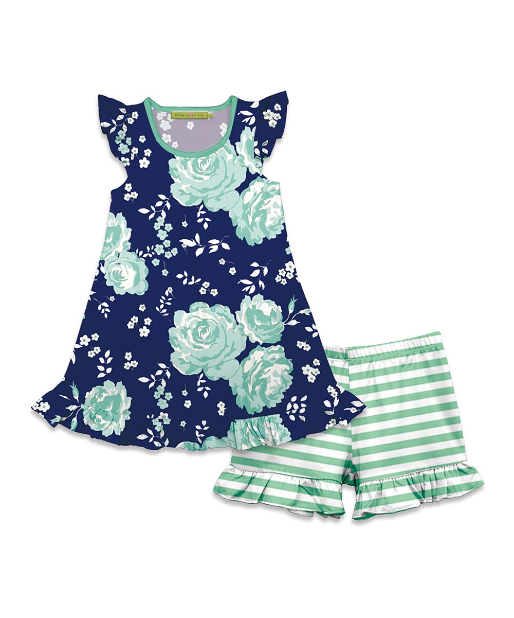 Millie Loves Lily Girls' Casual Shorts - Green Floral Stripe Angel-Sleeve Top & Shorts - Girls | Zulily