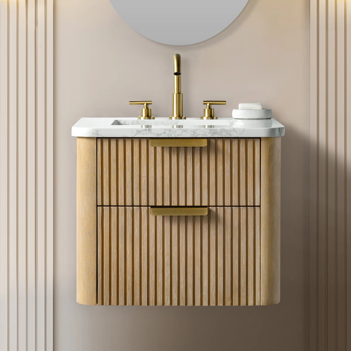 This wall-mounted vanity features a slatted wood base and an Arabescato engineered stone top that... | Wayfair North America