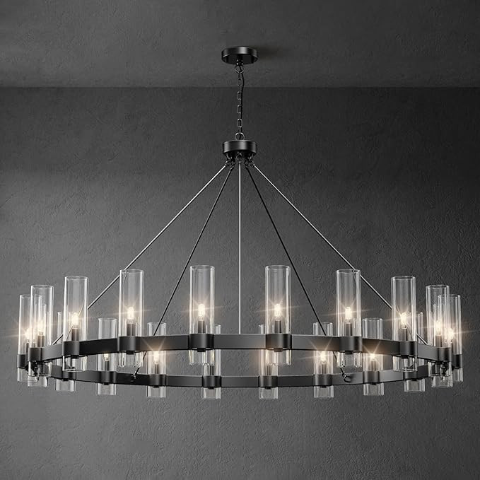 60 Inch Black Round Chandelier, Wagon Wheel Chandelier with Glass Shade, 20-Lights Large Modern F... | Amazon (US)
