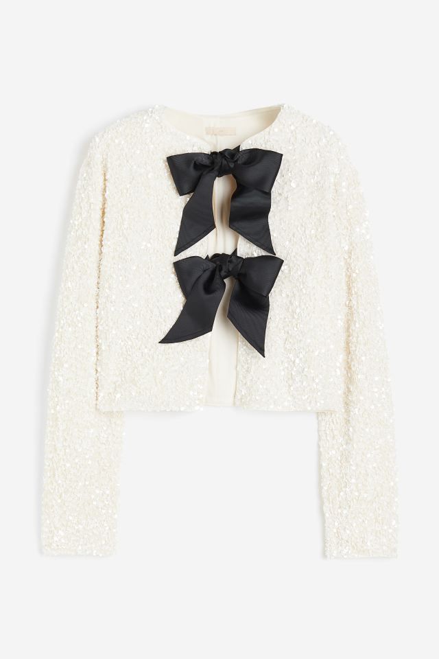 Tie-front Sequined Jacket - White/sequins - Ladies | H&M US | H&M (US + CA)