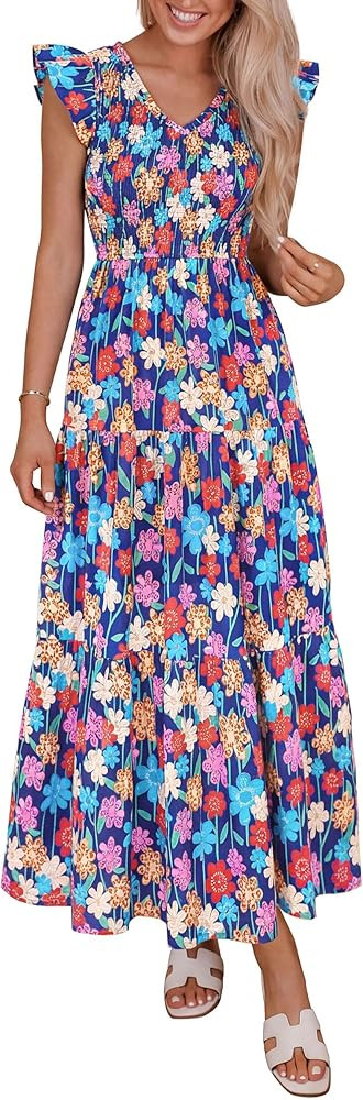 PRETTYGARDEN Women's Boho Floral Maxi Dress 2026 Summer Smocked V Neck Ruffle Sleeve Spring Flowy... | Amazon (US)