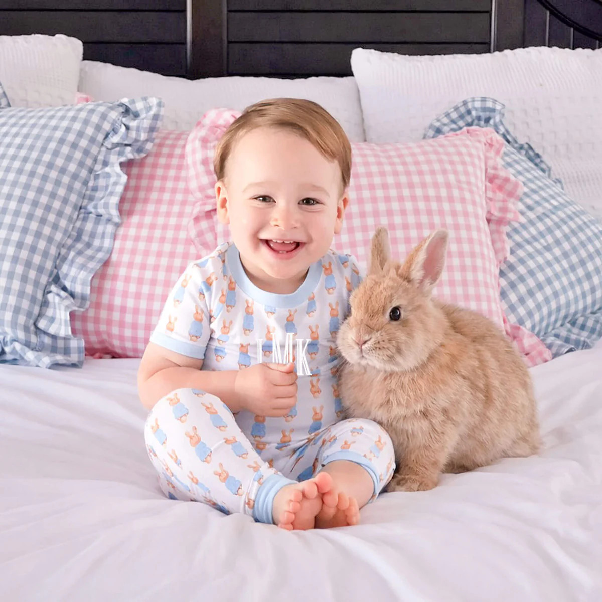 Gingham Storybook Bunnies Blue Pajamas | Classic Whimsy
