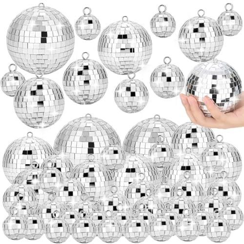 Flasoo 70 PCS Disco Ball, 5 Sizes Disco Ball Ornaments, 4/3.2/2.4/2/1.2 Inch Hanging Mirror Ball, Mini Disco Balls Cake Topper Disco Themed Party Wedding Christmas Tree Decor Holiday Party Supplies | Amazon (US)