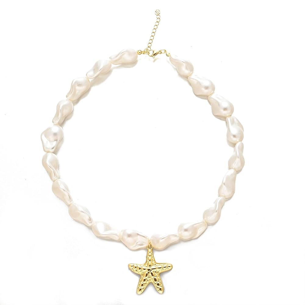 Gold Shell Starfish Necklace for Women Chunky Baroque Pearl Choker Necklaces Vintage Pearl Charm ... | Amazon (US)