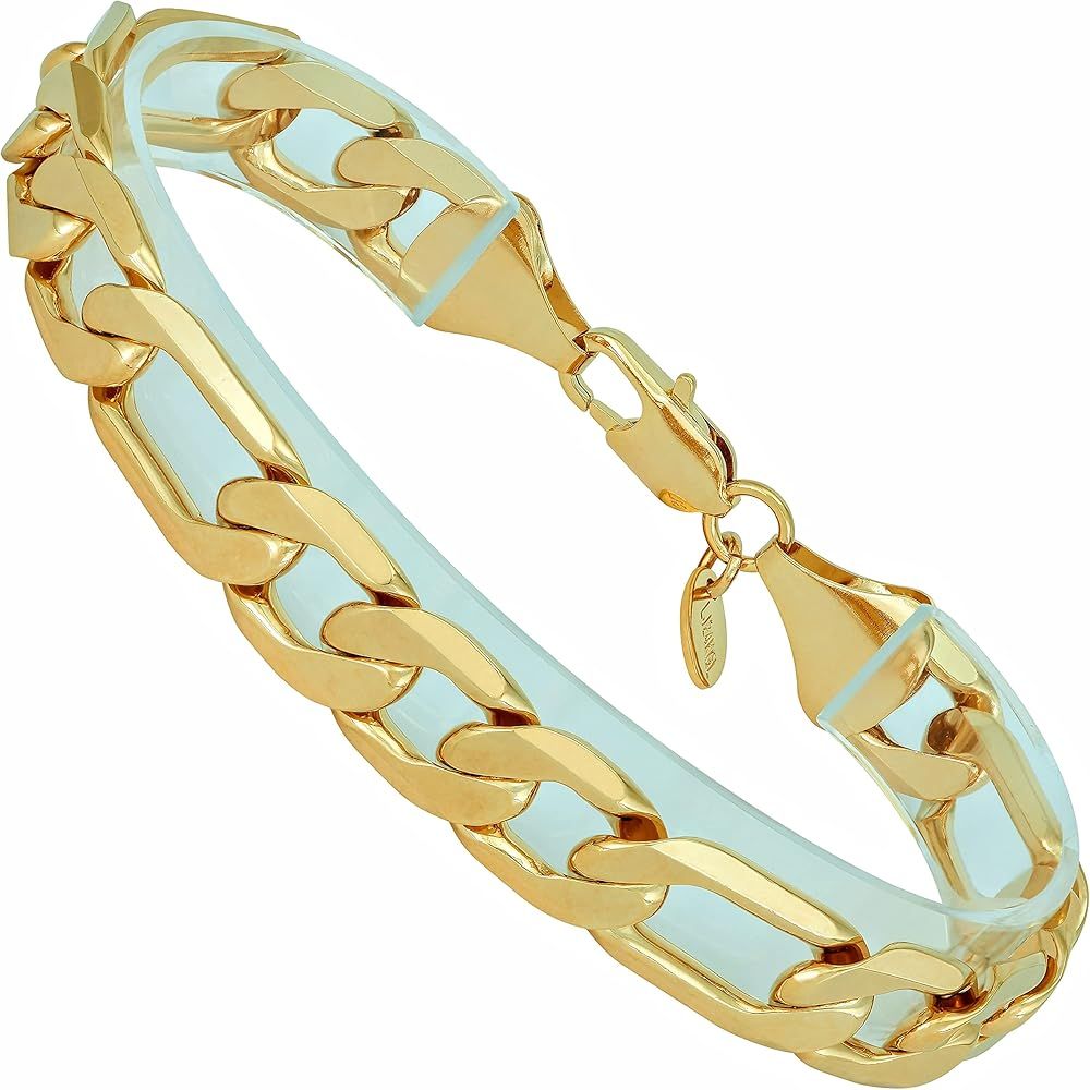 LIFETIME JEWELRY 11mm Beveled Figaro Chain Bracelet Men and Women 24k Real Gold Plated | Amazon (US)