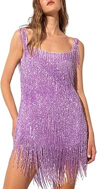 Tsultryofs Women Sleeveless Tassel Sequin Dress Sexy U-Neck Latin Flapper Dress Backless 1920s Fr... | Amazon (US)
