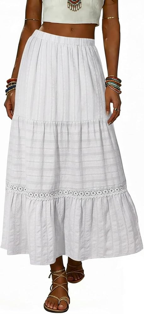 BLENCOT Long Skirts for Women Boho Crochet Lace High Waisted A-Line Cotton Tiered Maxi Skirt | Amazon (US)