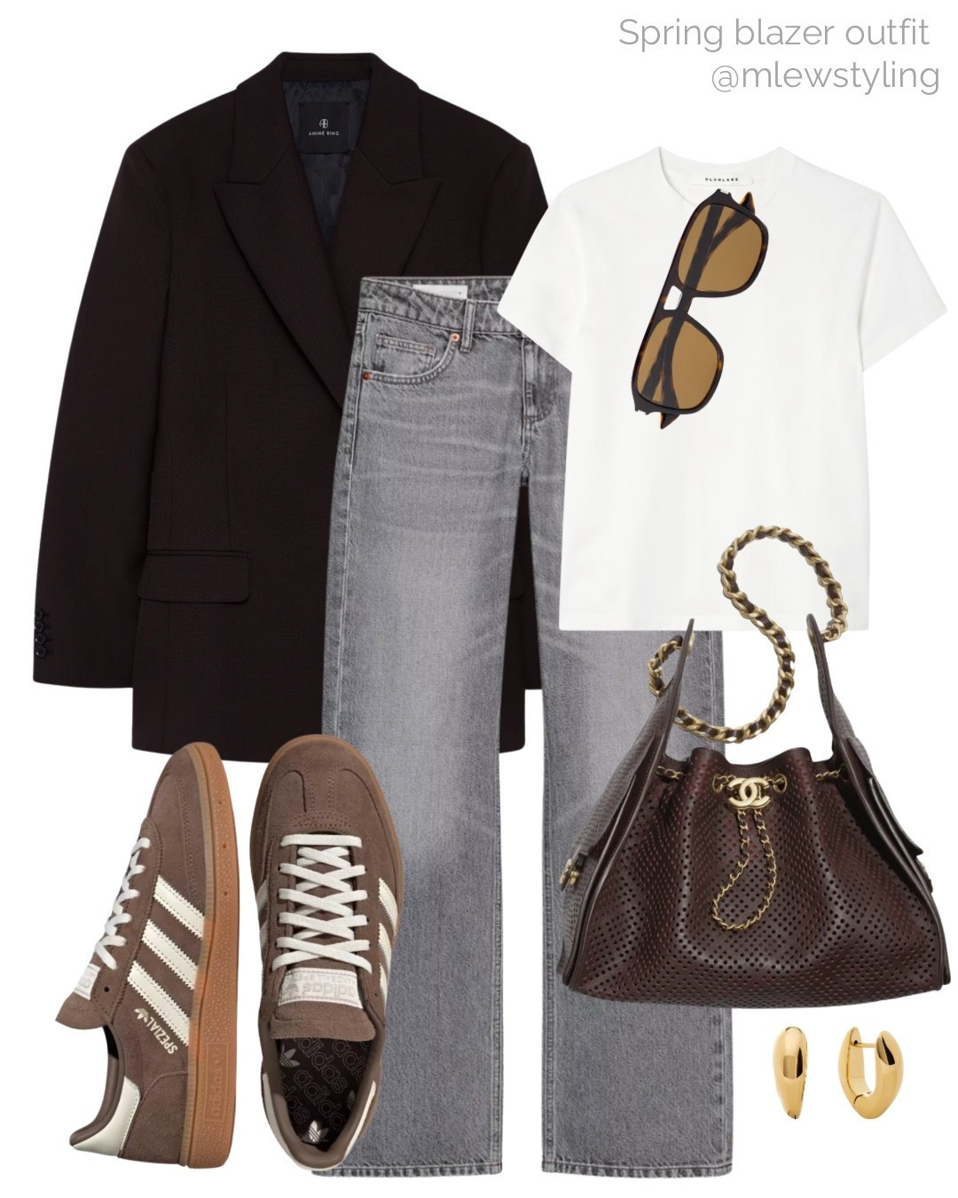 Spring blazer outfit 🤎

Tags: spring outfit, Chanel bag, white tee, ysl aviator sunglasses, grey jeans, adidas Spezial sneakers, gold earrings, anine bing blazer, neutral aesthetic, capsule wardrobe, office outfit, casual workwear 

#LTKWorkwear #LTKgrwm #LTKootd
