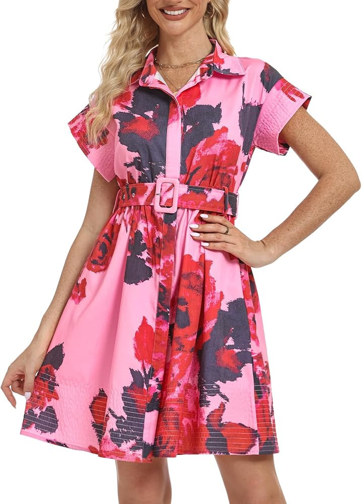 Women's Button Down Shirt Dress Floral Printed V-Neck Turn Down Short Sleeve Mini Casual Trench C... | Amazon (US)