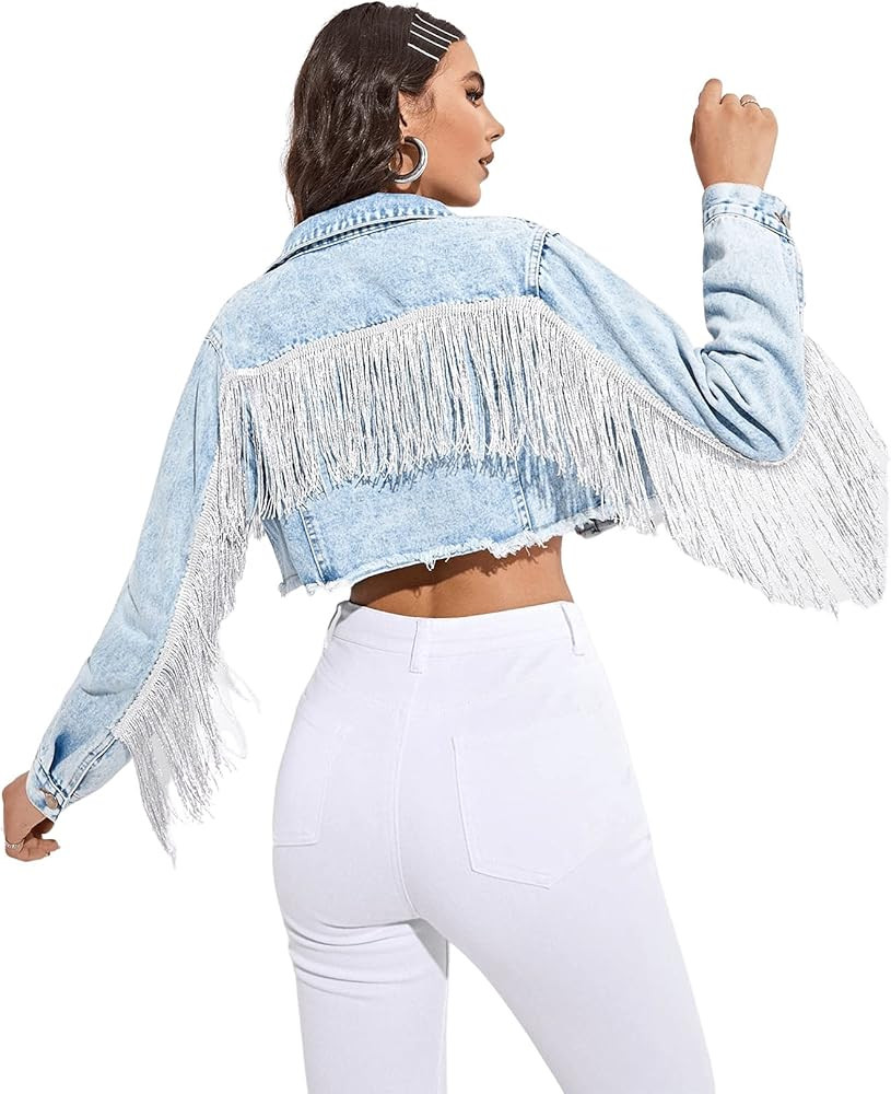 Verdusa Women's Raw Hem Ripped Fringe Long Sleeve Crop Denim Jacket | Amazon (US)