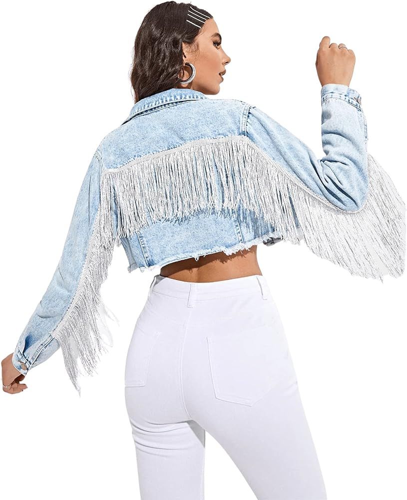 Verdusa Women's Raw Hem Ripped Fringe Long Sleeve Crop Denim Jacket | Amazon (US)